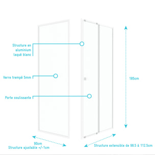 Pack porte de douche Coulissante blanc 100x185cm + retour 90 verre transparent 5mm - WHITY slide 100
