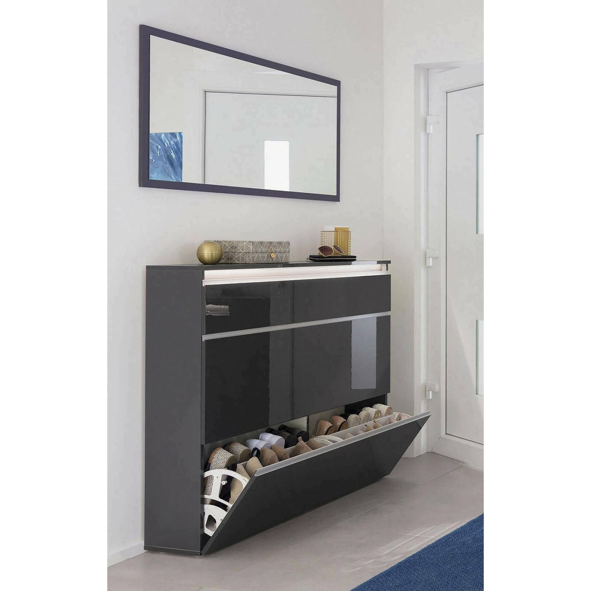 Scarpiera moderna, Made in Italy, a 2 ante e 1 anta a ribalta, Portascarpe da ingresso, cm 120x27h108, colore Antracite lucido