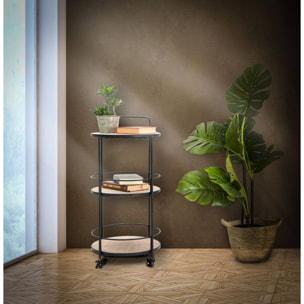 Carrello rotondo in metallo e legno, con 3 ripiani e pratiche rotelle, colore nero, Misure 41,5 x 82 x 40 cm