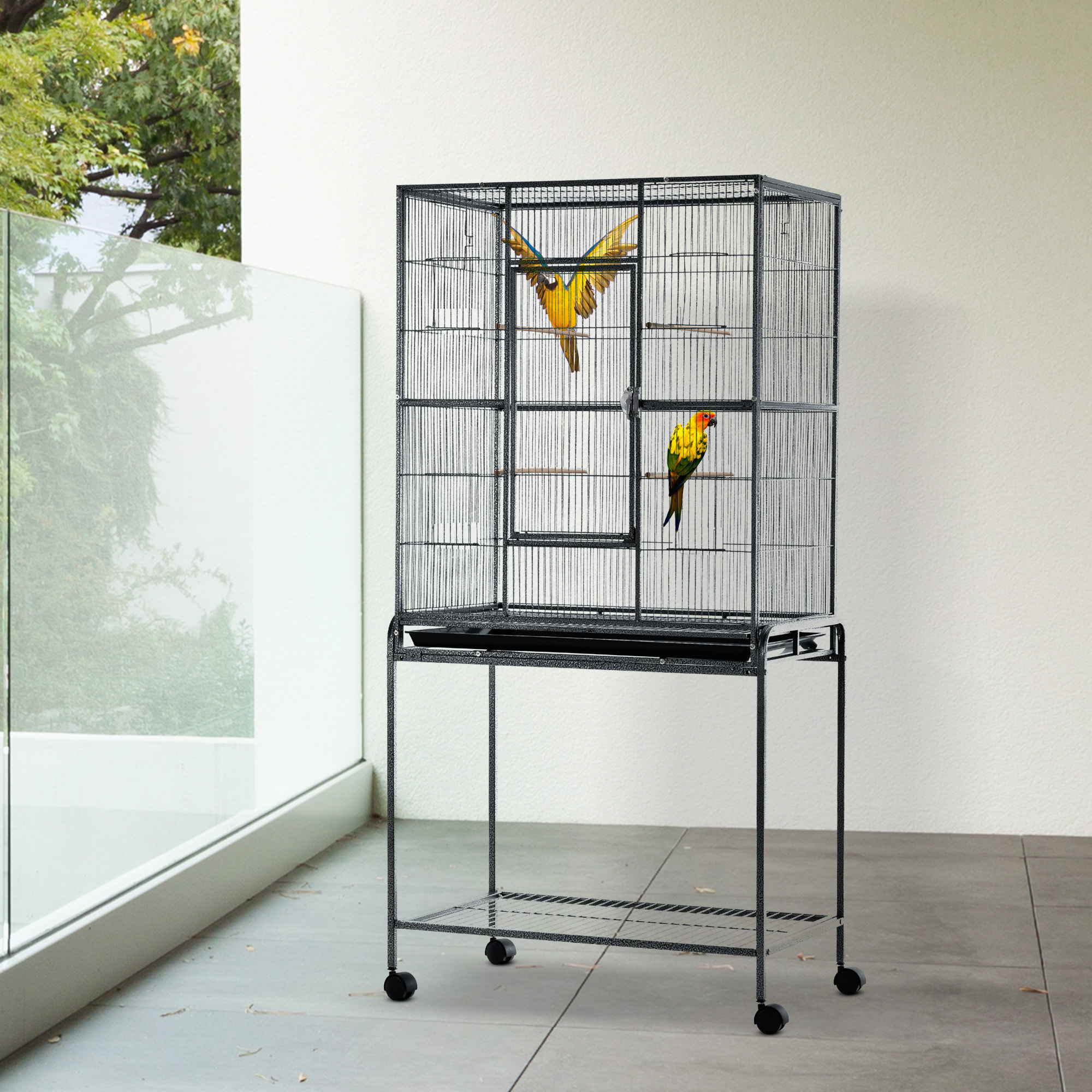 PawHut Cage à Oiseaux Portable avec 4 Mangeoires et 4 Perchoirs Pratique 81 x 48 x 163 cm Noir et Gris