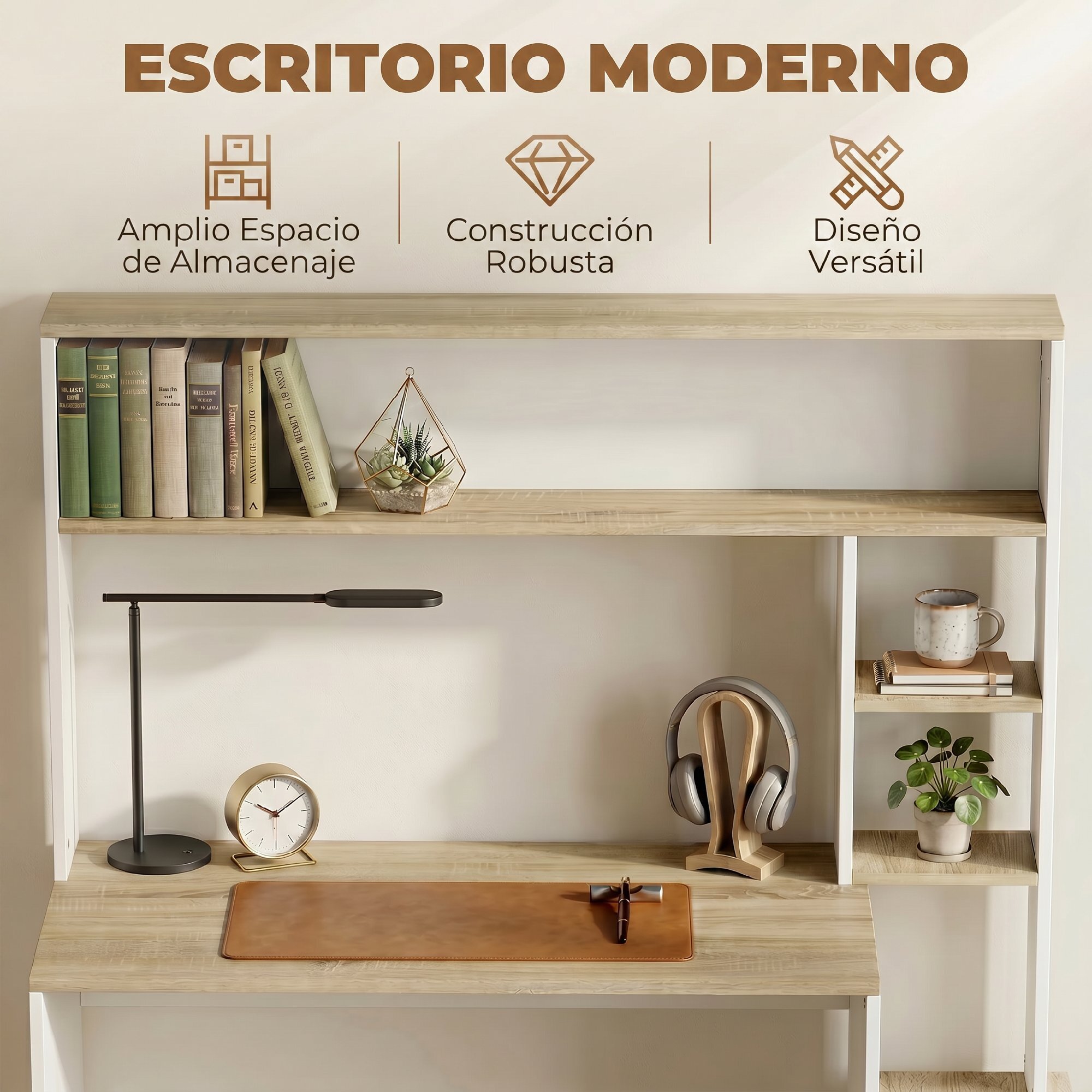 Mesa de Escritorio con Estanterías Mesa de Ordenador Moderna con Estantes Soporte para Monitor CPU de Oficina Estudio 114x45x138 cm Blanco y Natural