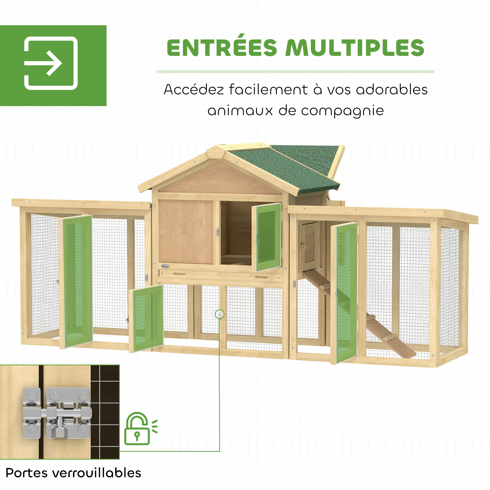 Poulailler chalet multi-équipé rampes nichoirs pondoirs plateau excrément fenêtre portes bois naturel
