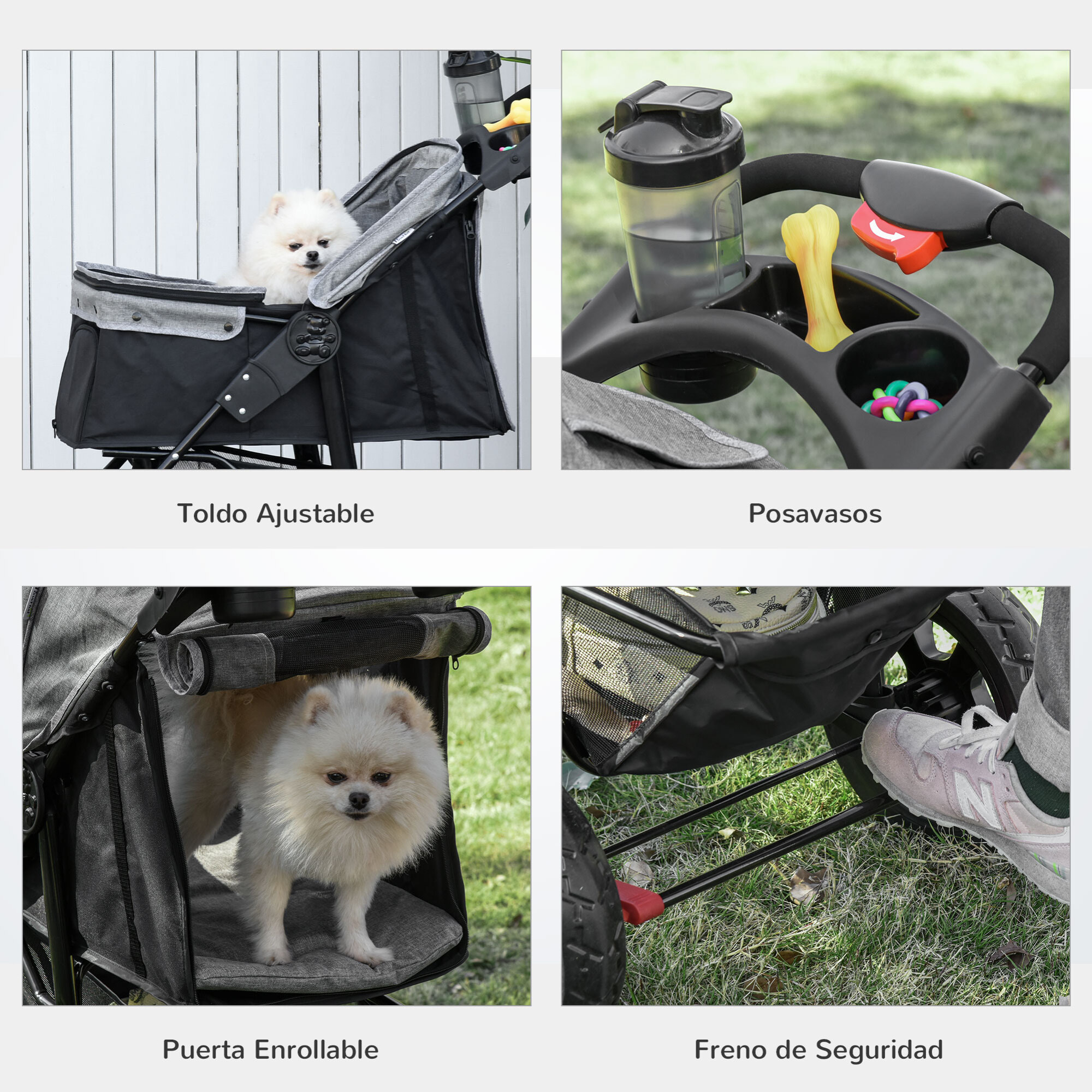 Cochecito para Mascotas Plegable Carritos para Perros con 3 Ruedas Puerta Ventanas de Malla Cesta de Almacenaje y Correas de Seguridad Marco Acero 109,5x57,5x106,5 cm Gris