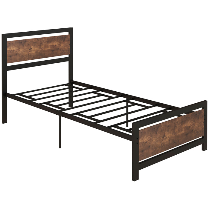 Lit simple design industriel - tête de lit, pied de lit et sommier - dim. 195L x 97l x 103H cm - compatible matelas 190L x 90l cm - acier noir MDF aspect bois avec veinage