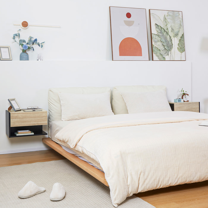 Juego de 2 Mesitas de Noche Flotantes Mesitas de Noche Colgantes con 1 Cajón y Estante Abierto para Dormitorio 46x30x30 cm Roble y Negro