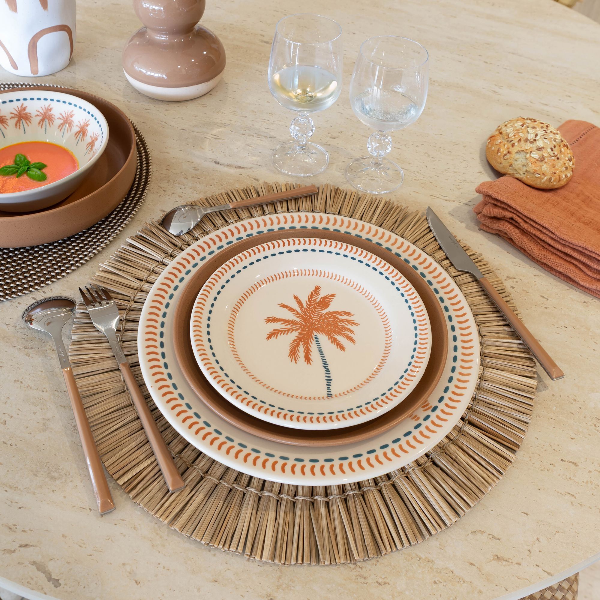 Lot de 6 assiettes à dessert dessin tropical en grès 18cm TROPIQUE