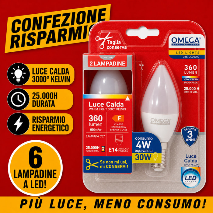 OMEGA Set 6 Lampadine LED Sfera 4W E14 3000K