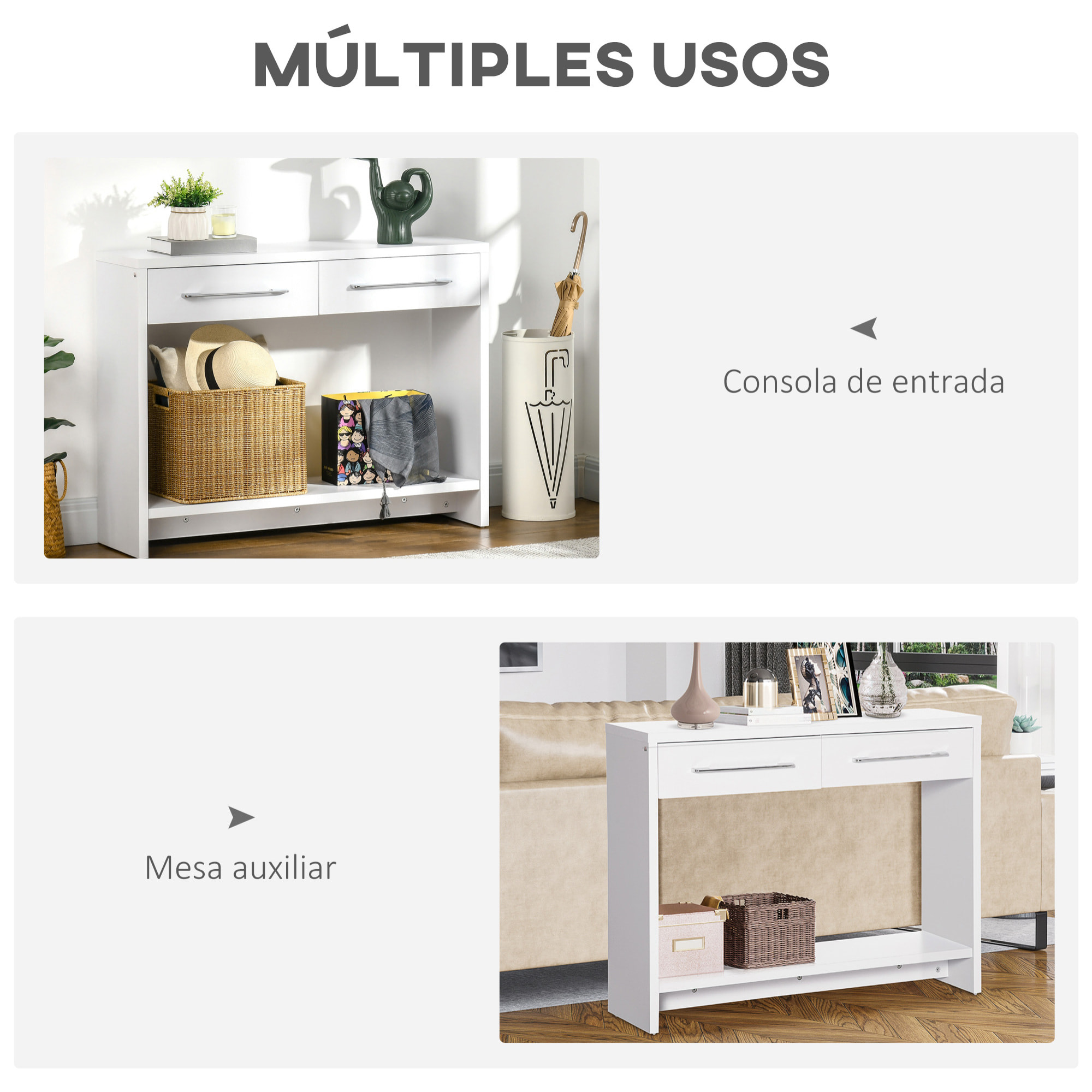 HOMCOM Mesa Consola Mesa de Entrada con 2 Cajones y Estante de Almacenaje Mueble Recibidor para Pasillo Salón Estilo Moderno Antivuelco Carga 50 kg 101,6x28x76,2 cm Blanco