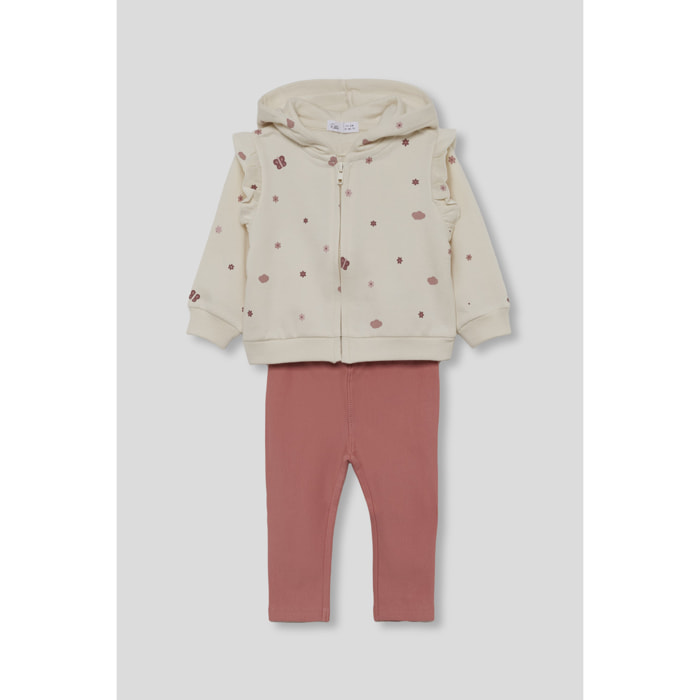 Conjunto niña sudadera con capucha y leggings, estampado floral con mariposas y volante en hombros | Color: Crudo | Street Monkey