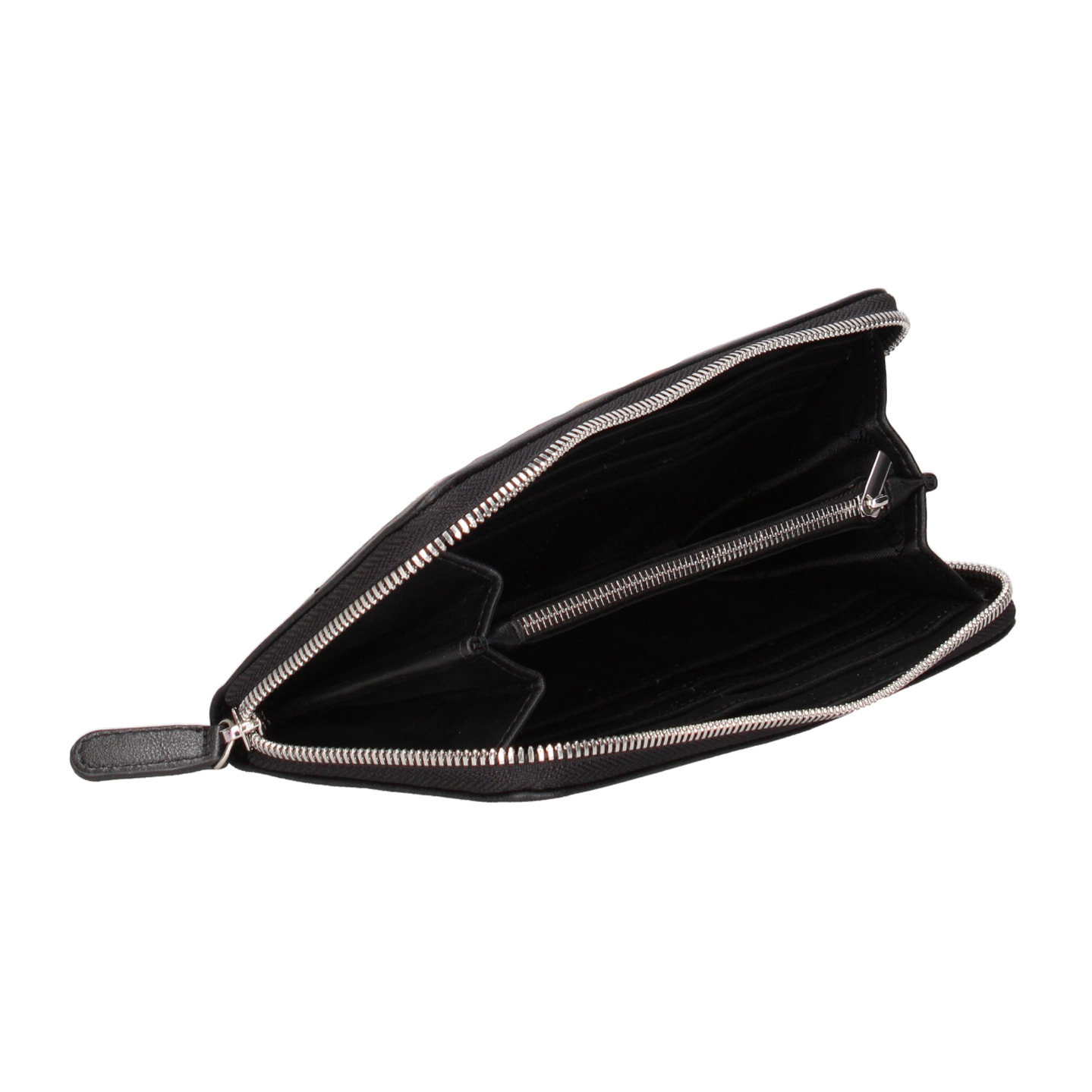 Portafoglio zip round in tessuto, scomparti interni. Rifinitura in sintetico effetto pelle liscia, tono su tono. Metalleria dorata. 18x10,5x3 cm