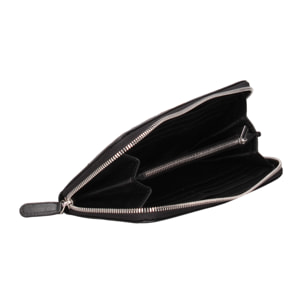 Portafoglio zip round in tessuto, scomparti interni. Rifinitura in sintetico effetto pelle liscia, tono su tono. Metalleria dorata. 18x10,5x3 cm