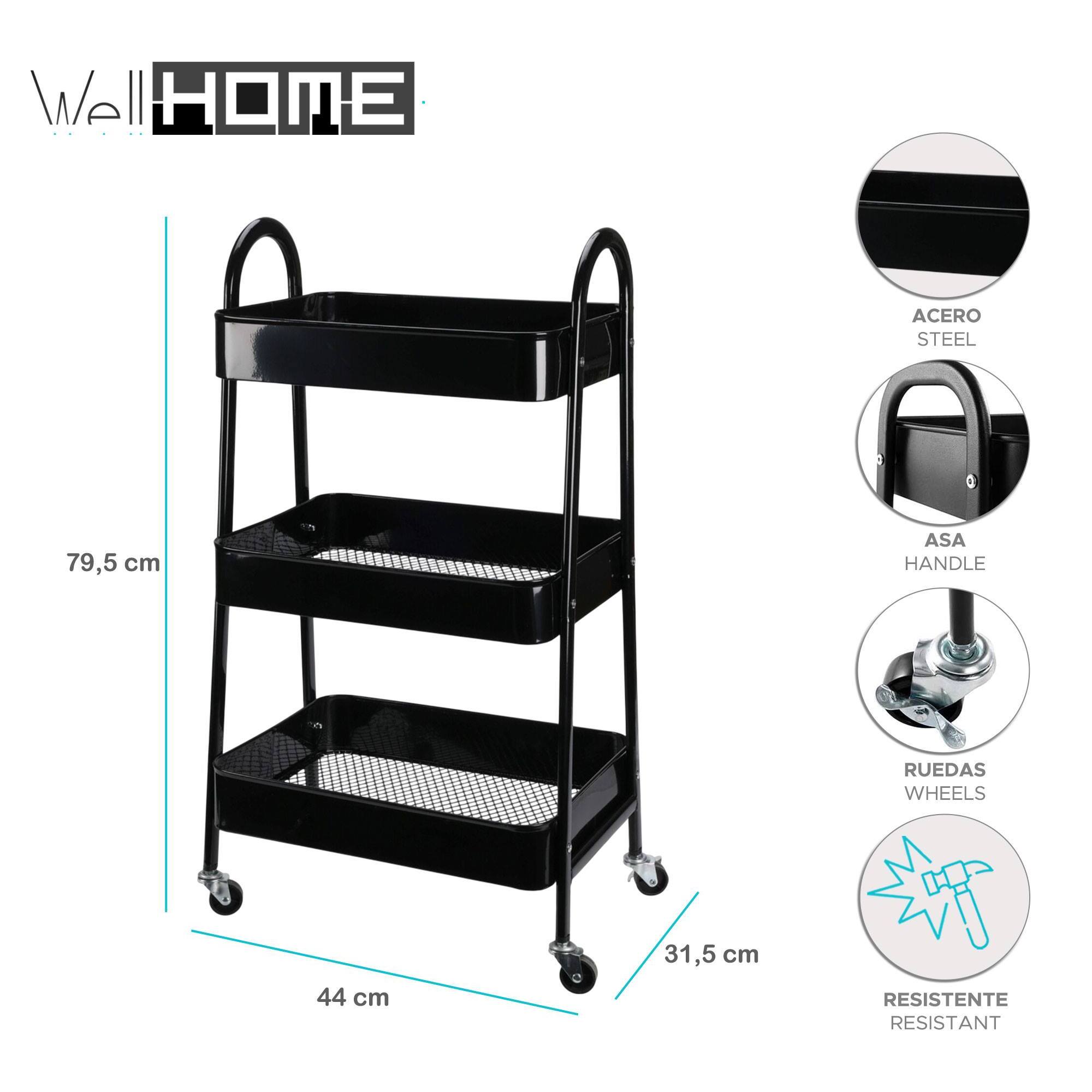 Well home carro de cocina negro con 3 cestas y ruedas h.79,5cm