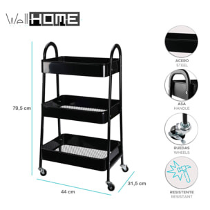 Well home carro de cocina negro con 3 cestas y ruedas h.79,5cm