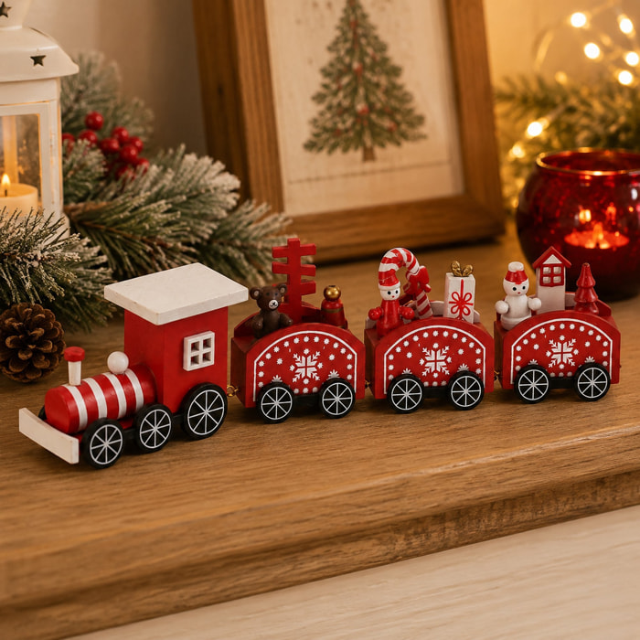 Tren navideño decorativo de madera, colores tradicionales rojo y blanco, con vagones y figuras de navidad, adorno para mesa o estantería, 2