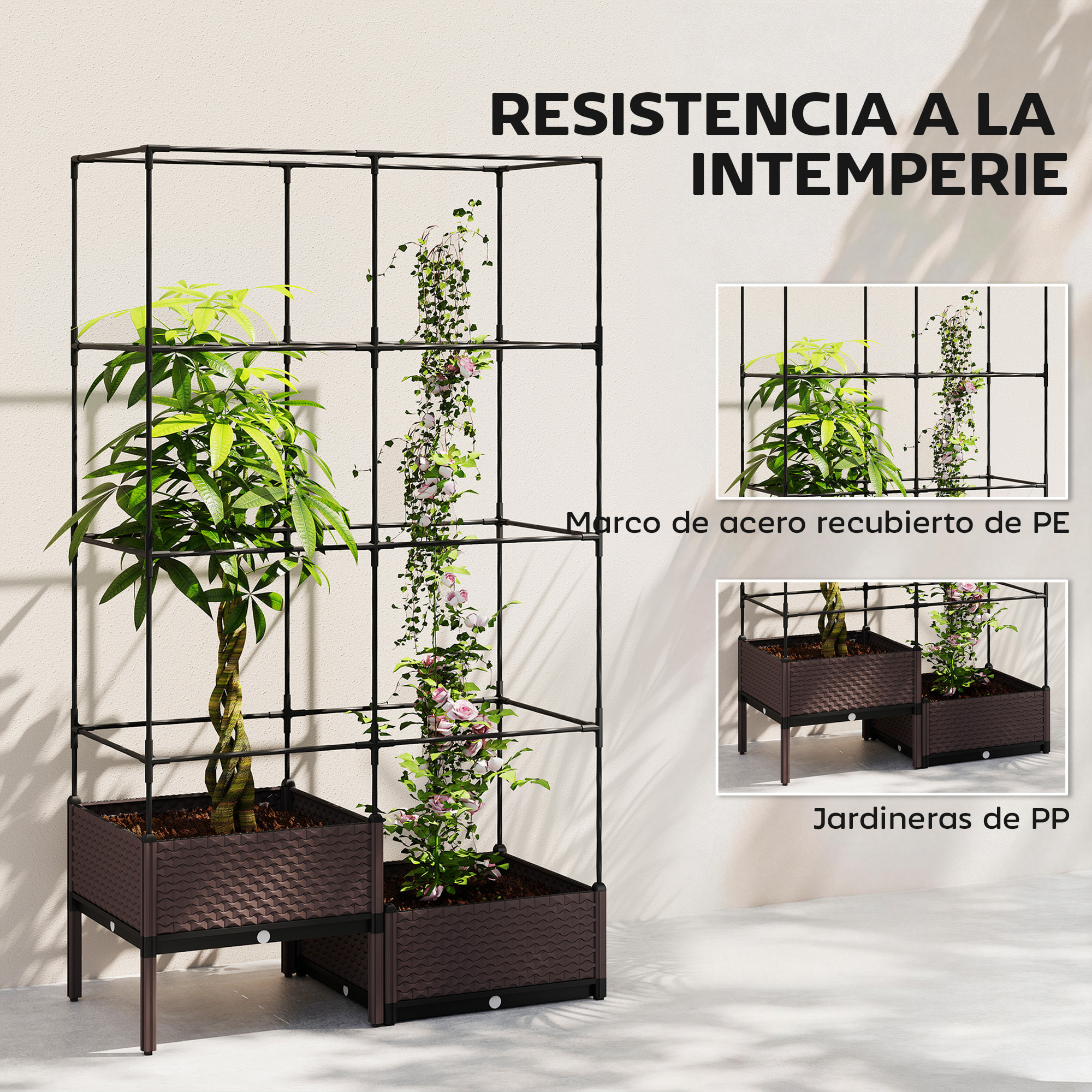 Jardinera con Enrejado Metálico, Jardinera Exterior Grande para Plantas Trepadoras, 2 Macetas de PP con Orificios de Drenaje, Tapones, Macetero Elevado para Jardín Patio, 100x50x174 cm, Negro