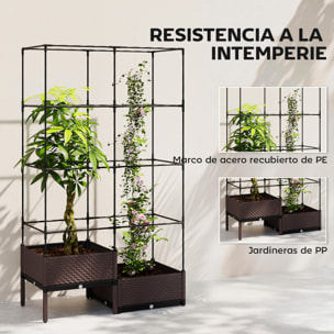 Jardinera con Enrejado Metálico, Jardinera Exterior Grande para Plantas Trepadoras, 2 Macetas de PP con Orificios de Drenaje, Tapones, Macetero Elevado para Jardín Patio, 100x50x174 cm, Negro