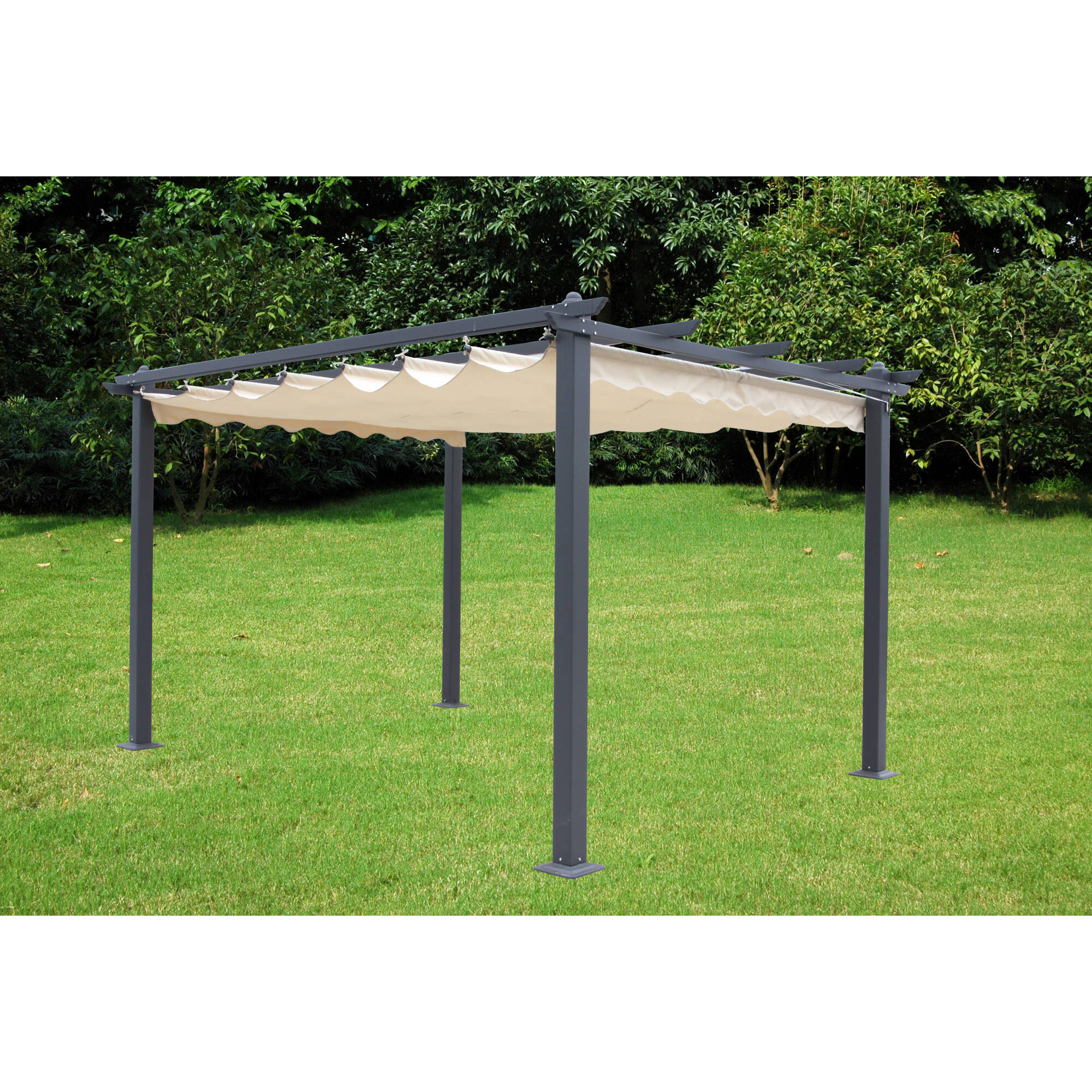 Pergola da giardino con tettuccio a scorrimento, struttura color antracite e telo color ecrù, 300 x 400 cm