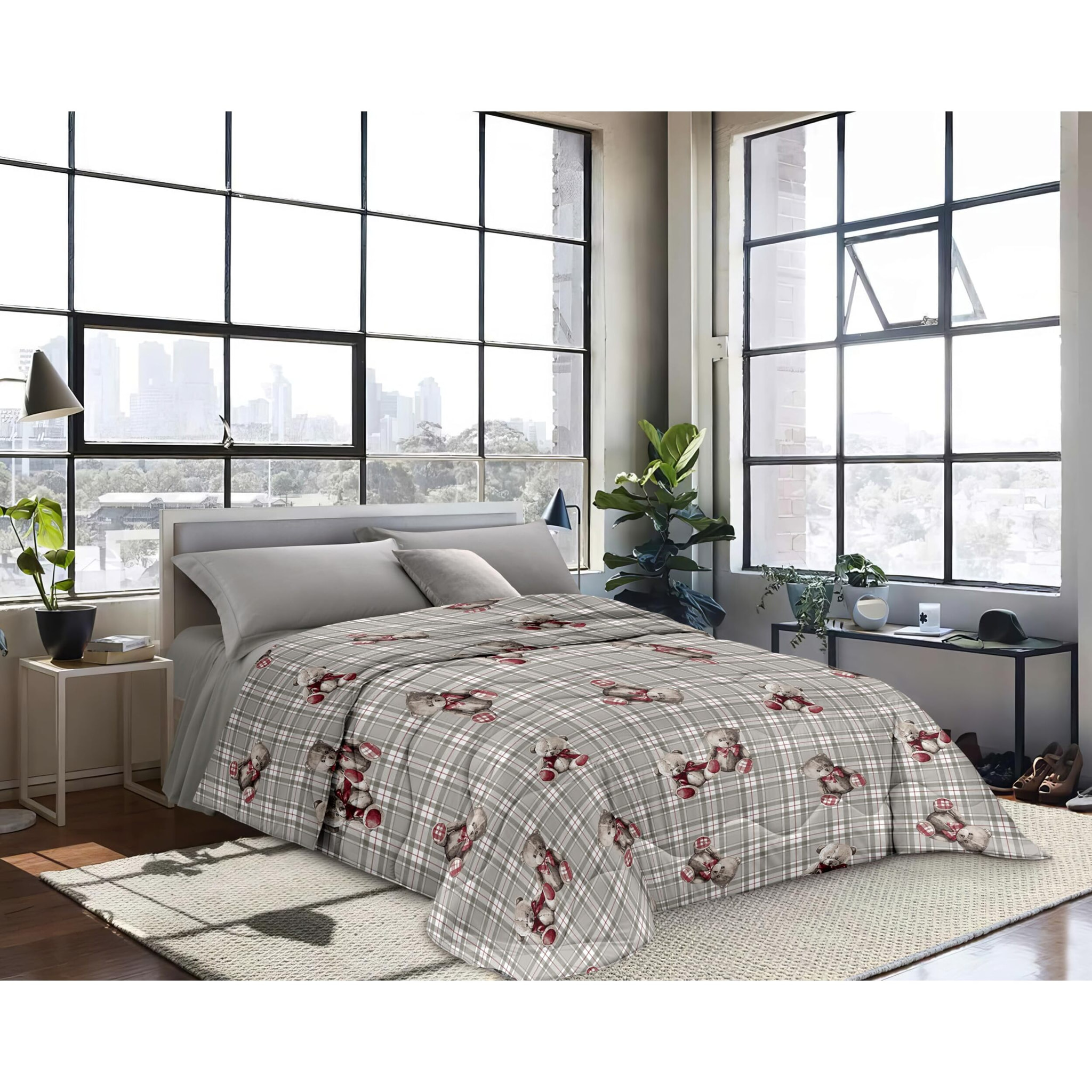 INTRECCI Piumino Matrimoniale, 260 x 260 cm, Piumino Ecologico, Caldo, Invernale, 300 g/m², Anallergico e Antiacaro, Made in Italy, Lavabile in Lavatrice, Soffice, Morbido. Fantasia: Orsetti grigi