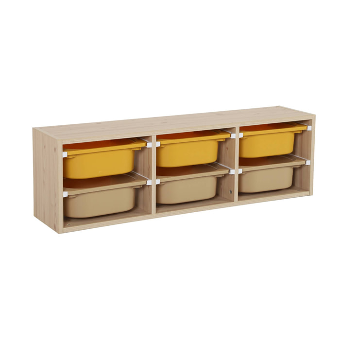 Meuble de rangement naturel pour enfant. 6 bacs en plastique moutarde taupe - Sora