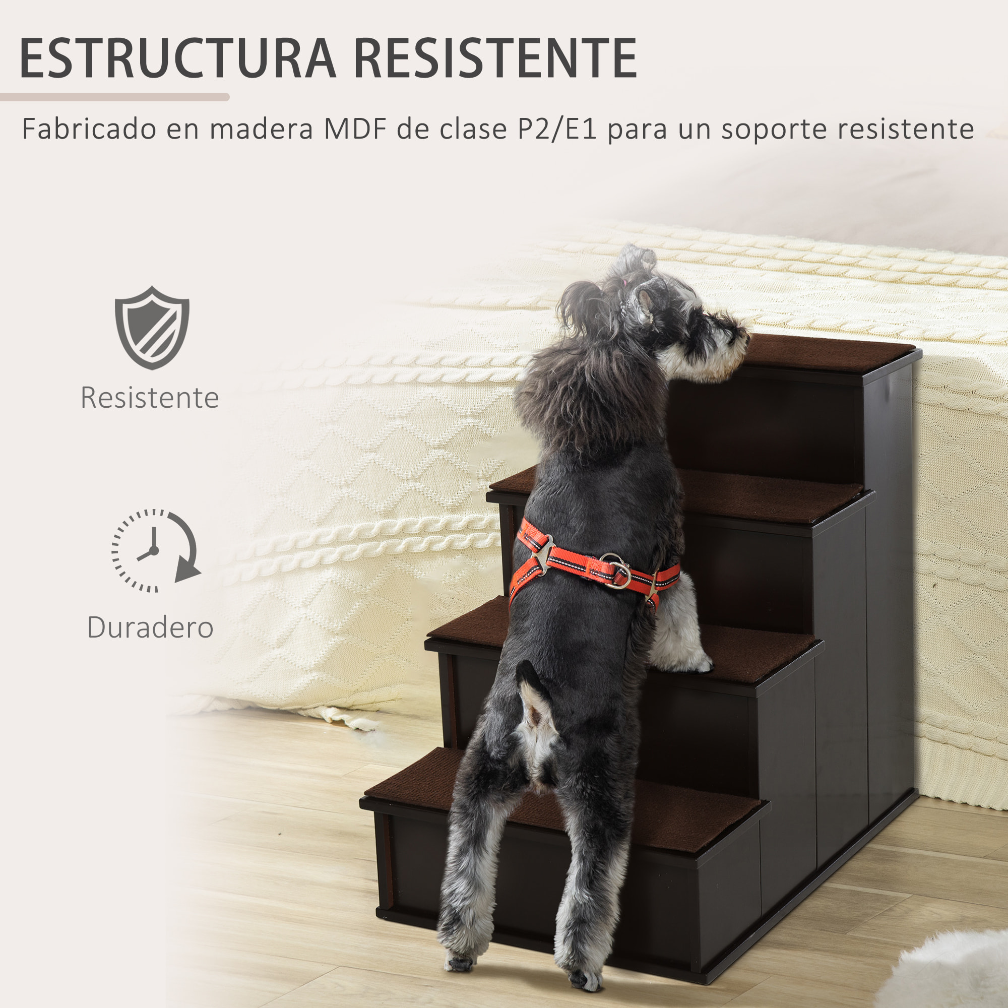 Escalera para Perros de 4 Peldaños Escalera para Mascotas Escalones para Perros Gatos con Acolchados Desmontables Carga 30 kg para Cama Sofá 40x59x54,2 cm Marrón Oscuro