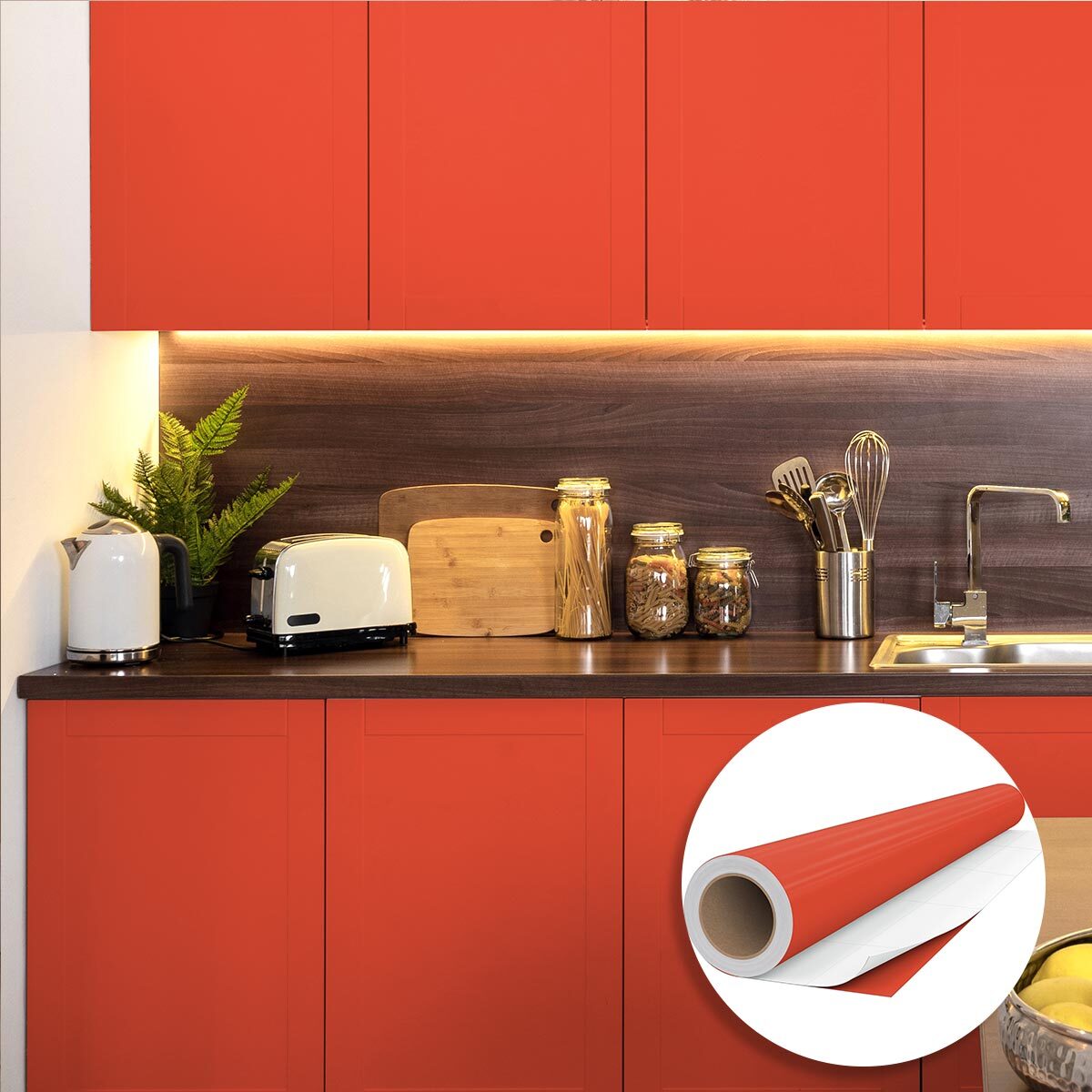 Rouleau adhésif décoratif Vinyle au Mètre - Rouge coquelicot - Sticker Lavable Imperméable Mur Cuisine Meubles
