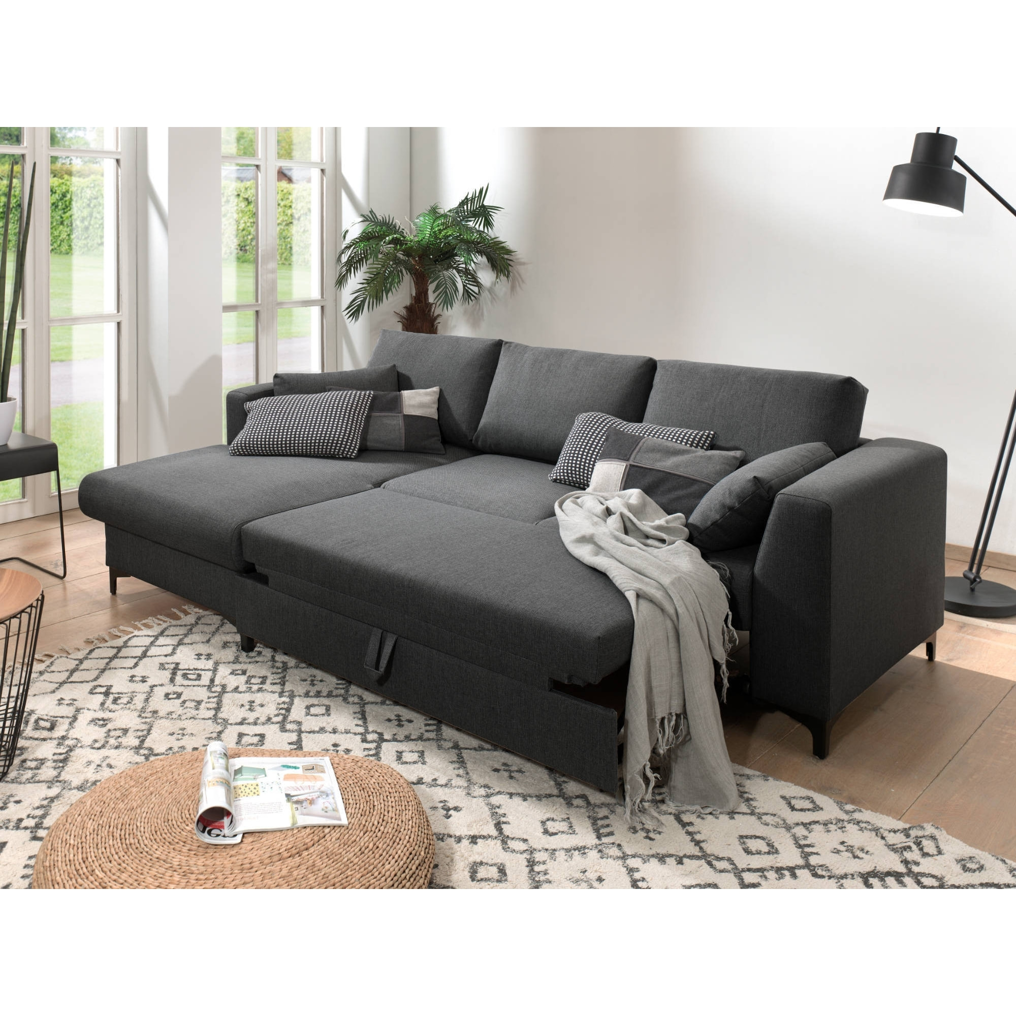 Tala - canapé d'angle gauche - convertible avec coffre - 4 places - en tissu - Gris foncé