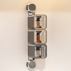 Organizzatore trasparente per spezie da cucina montato a parete con ventose, maniglie ergonomiche con corpo rotante a 180°, 3 scomparti
