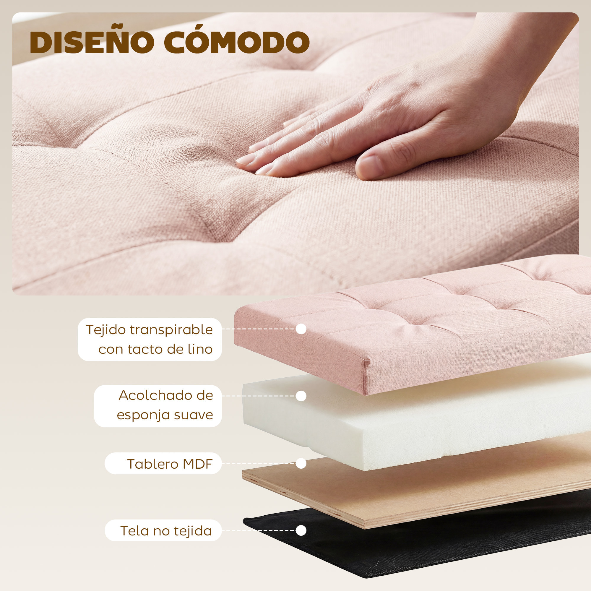 Puff Almacenaje, Banco Almacenaje Plegable, 84 L, 76x38x38 cm, Tapizado en Lino Sintético, Baúl de Almacenamiento, Carga 120 kg, Taburete para Sala de Estar, Dormitorio, Entrada, Rosa