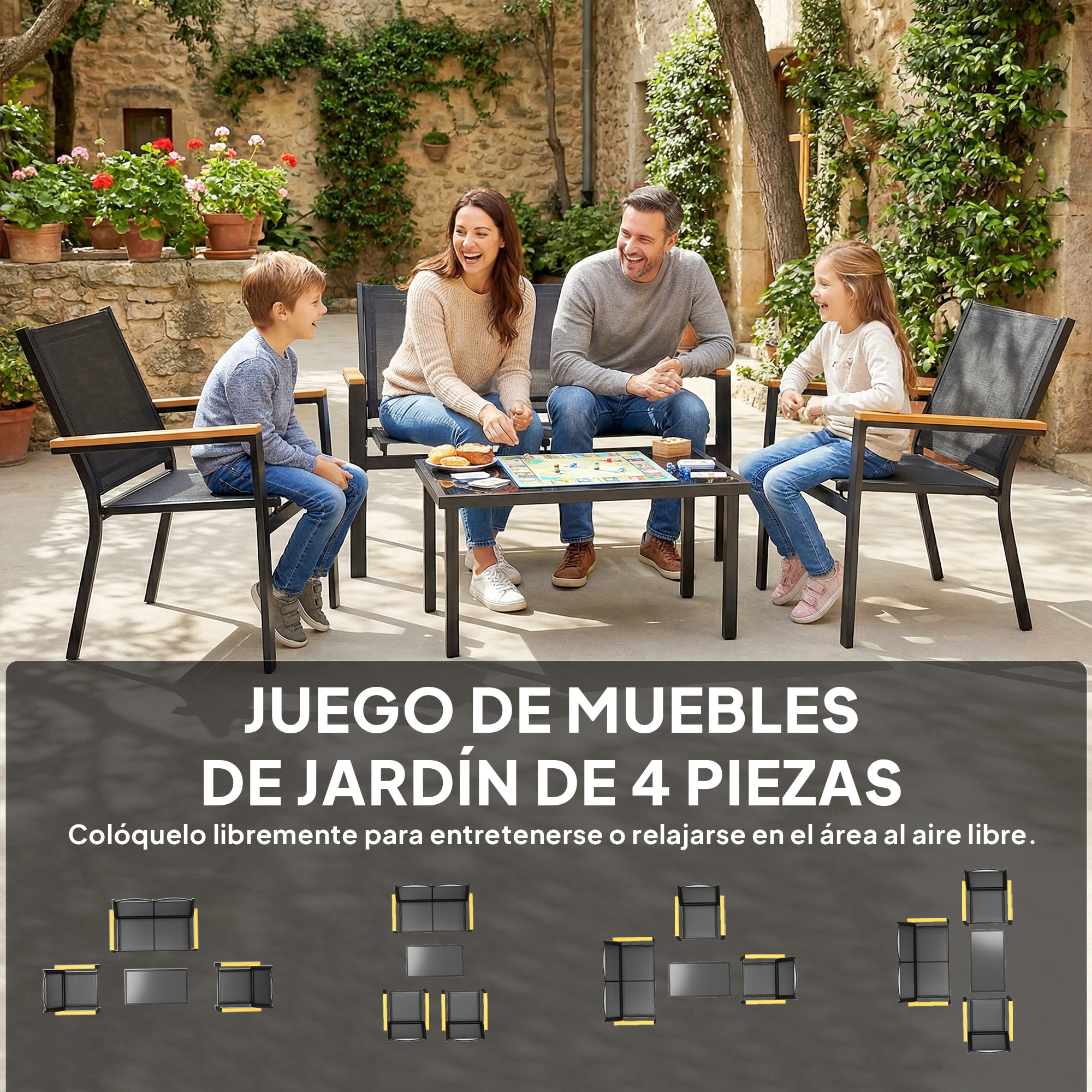 Conjunto Jardín Exterior de 4 Piezas, Muebles Jardín Exterior con Sofá de 2 Plazas, 2 Sillones, Mesa de Cristal Templado, Tela Textilene, Reposabrazos Anchos, Negro