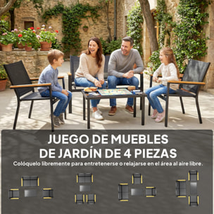 Conjunto Jardín Exterior de 4 Piezas, Muebles Jardín Exterior con Sofá de 2 Plazas, 2 Sillones, Mesa de Cristal Templado, Tela Textilene, Reposabrazos Anchos, Negro