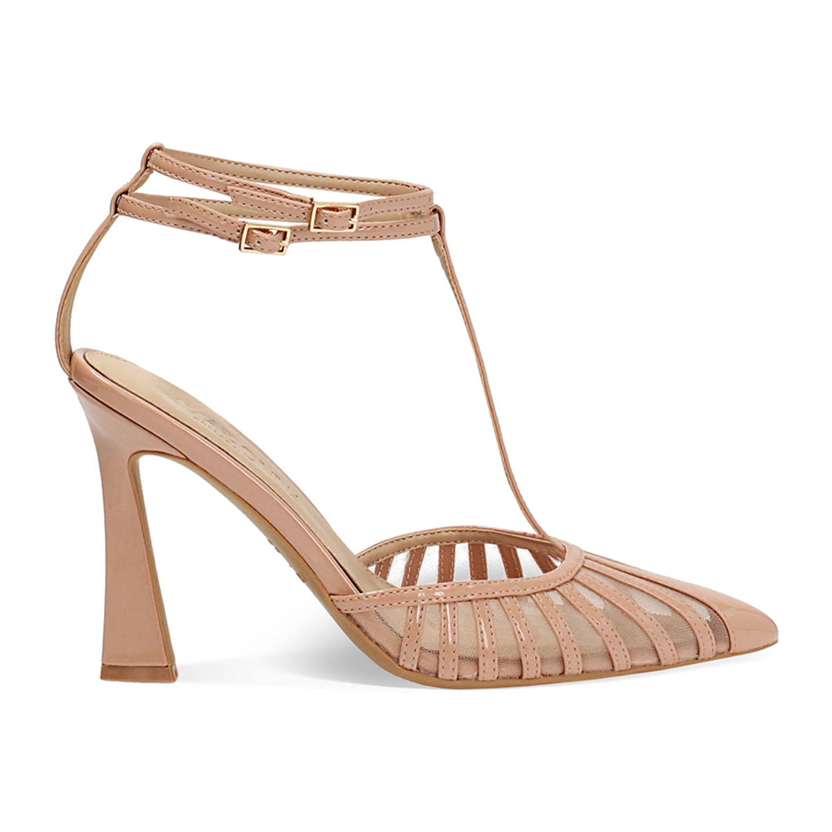 Décolleté slingback donna nude con T bar, tacco 9,5 cm
