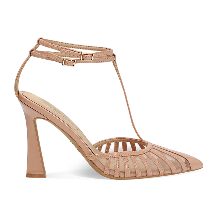 Décolleté slingback donna nude con T bar, tacco 9,5 cm