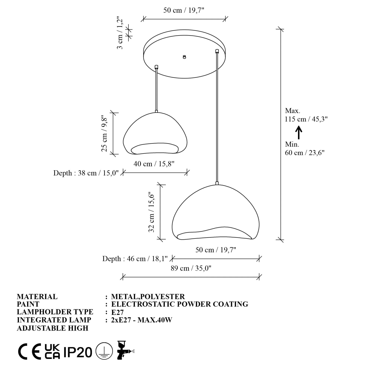 Luminaire design 2 suspensions en fibre de verre blanc OAXACA