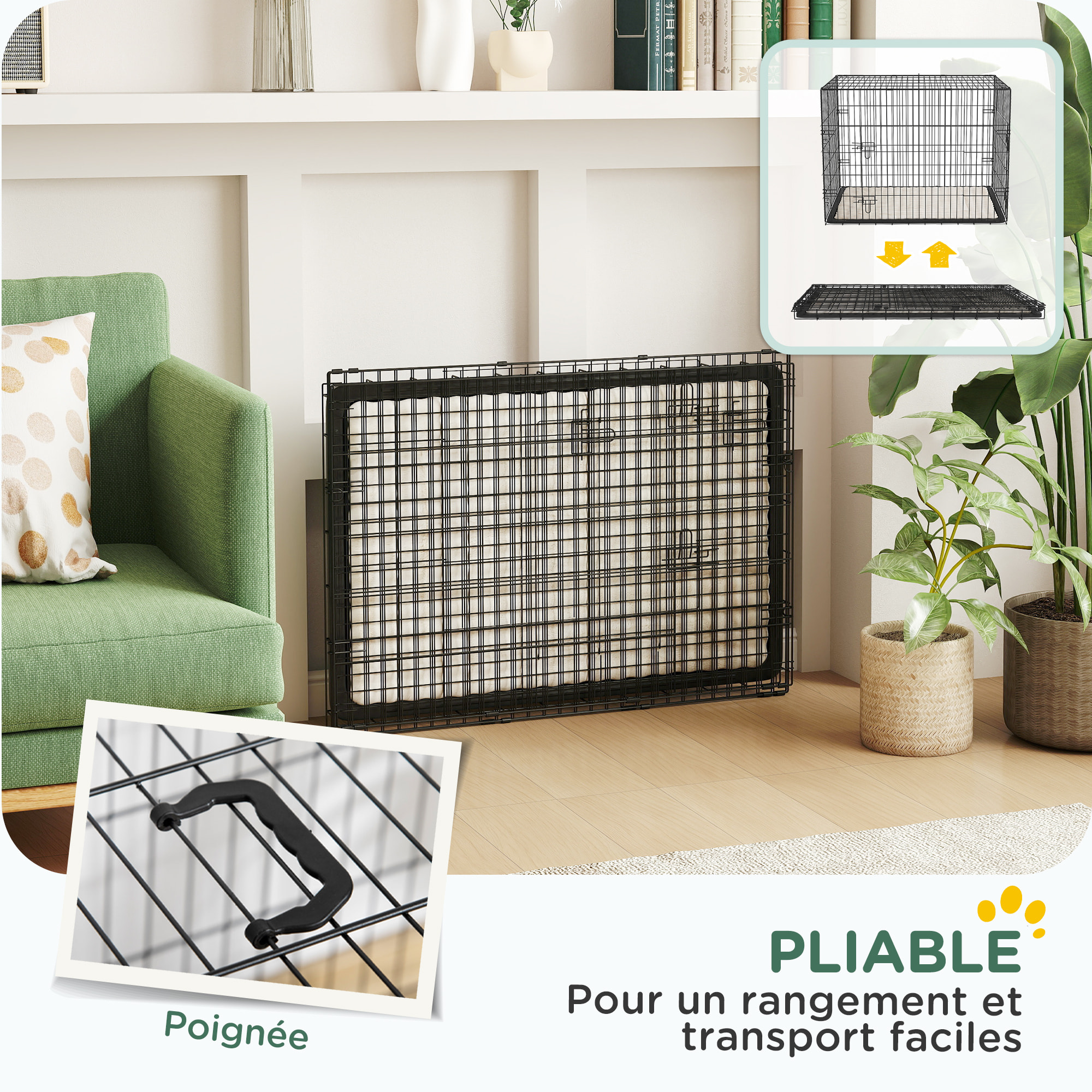 Cage caisse de transport pliable pour chien 91 x 62 x 68 cm avec coussin