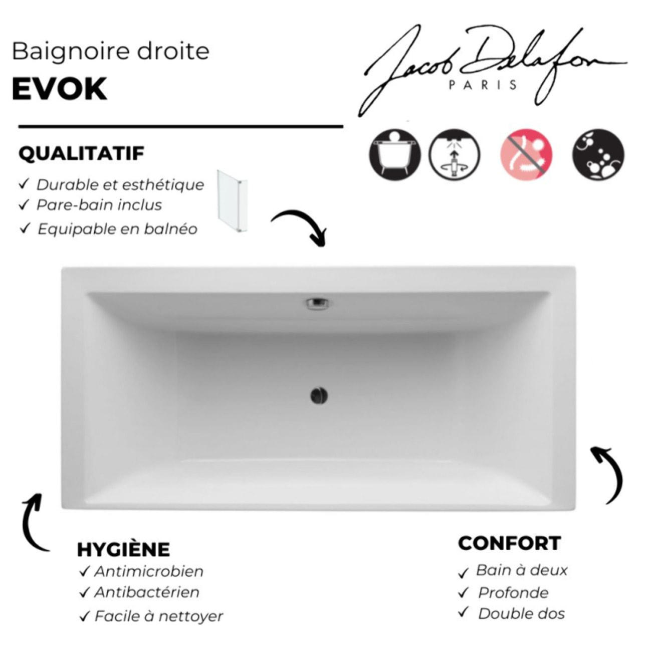 Lot baignoire droite 200 X 100 Evok + pare-bain noir mat