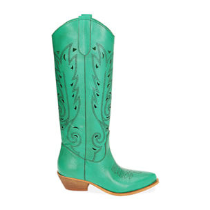 Botas tejanas de piel verde, tacón 5,5 cm.