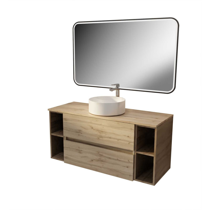 Meuble de salle de bains 120 TIMBER Décor Chêne 2 tiroirs - Vasque blanche à poser Miroir LED 100x70