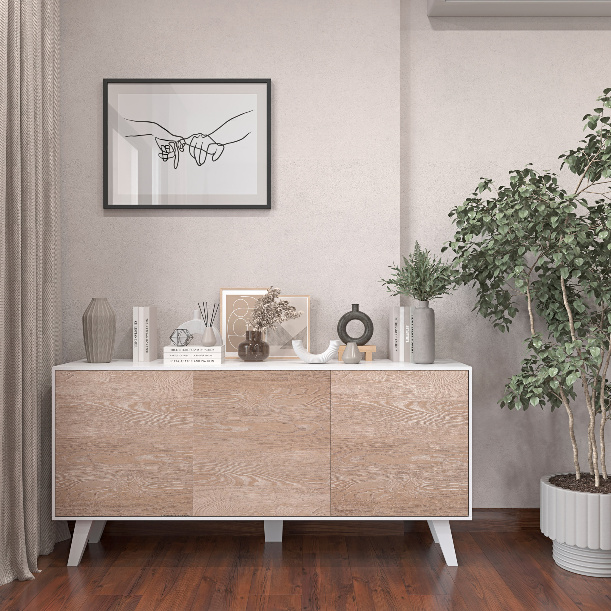 Credenza Gijòn Mobile Mobiletto Soggiorno Salotto Ingresso Sala da Pranzo 3 Ante 154 x 41 x 75 cm Colore Bianco Lucido Rovere Chiaro