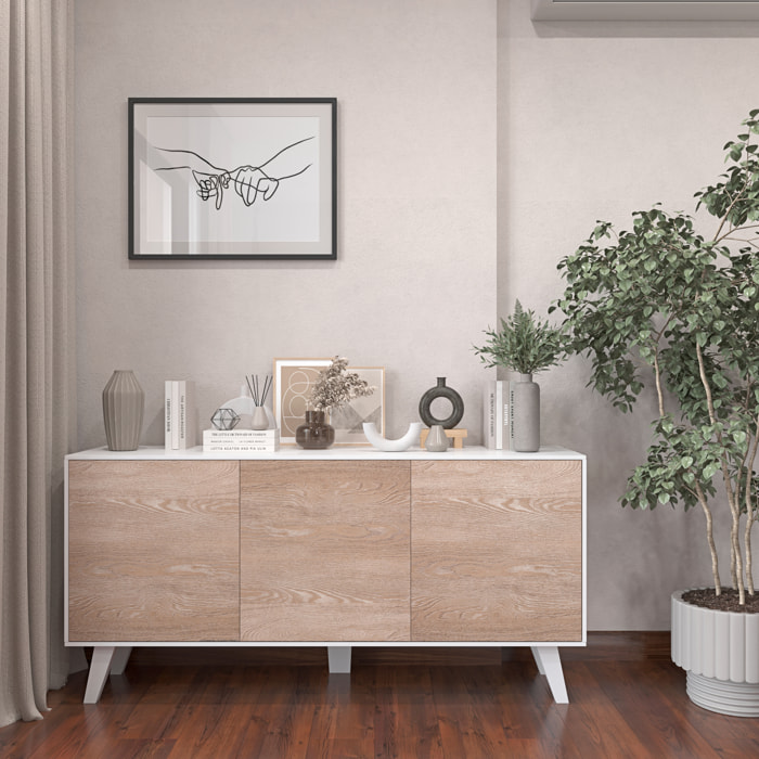 Credenza Gijòn Mobile Mobiletto Soggiorno Salotto Ingresso Sala da Pranzo 3 Ante 154 x 41 x 75 cm Colore Bianco Lucido Rovere Chiaro