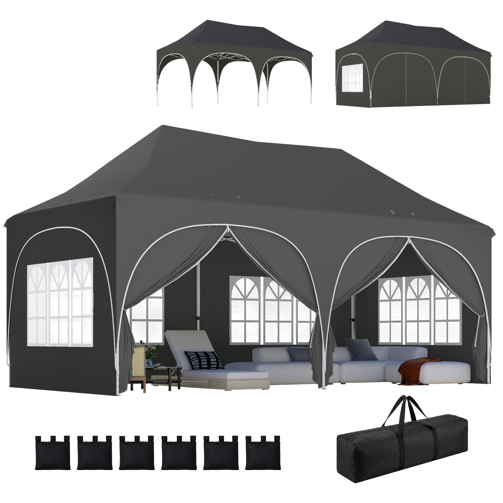 Carpa Plegable 6x3 m, Pop-up, con 6 Laterales Extraíbles, Cenador de Jardín con Altura Ajustable, Ventanas, Bolsa de Transporte, UPF30+, Gazebo para Camping, Fiestas, Exterior, Gris Oscuro