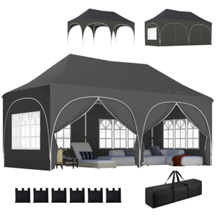 Carpa Plegable 6x3 m, Pop-up, con 6 Laterales Extraíbles, Cenador de Jardín con Altura Ajustable, Ventanas, Bolsa de Transporte, UPF30+, Gazebo para Camping, Fiestas, Exterior, Gris Oscuro