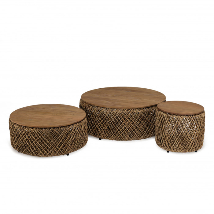 SIXTINE - Set de 3 tables basses rondes en tissage de fibre de cocotier