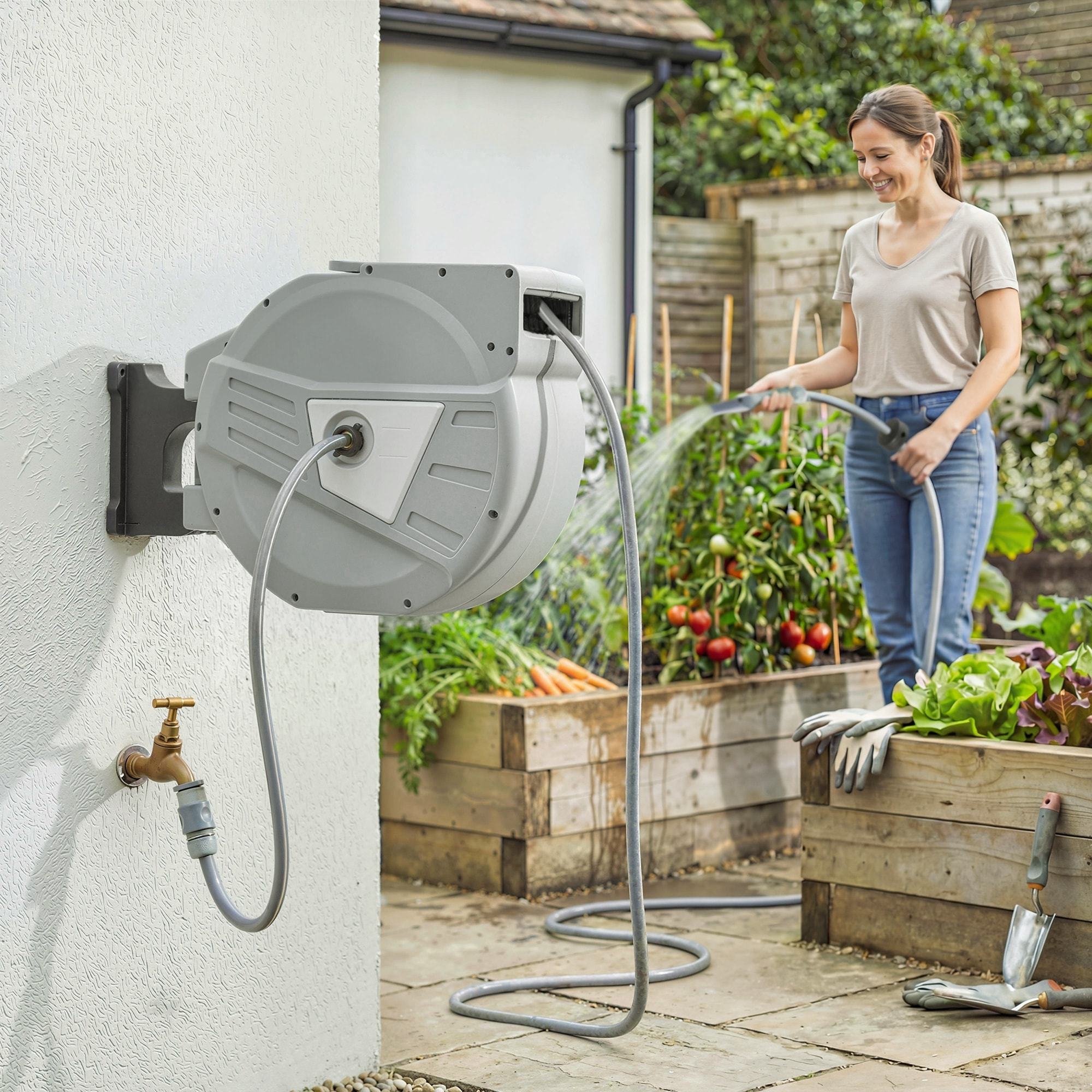 Dévidoir mural enrouleur automatique pivotant 180° tuyau 40 + 2 m avec lance arrosage 2 modes support mural intégré gris clair