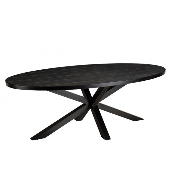 BASILE - Table à manger 220x110cm effet pierre motifs dorés