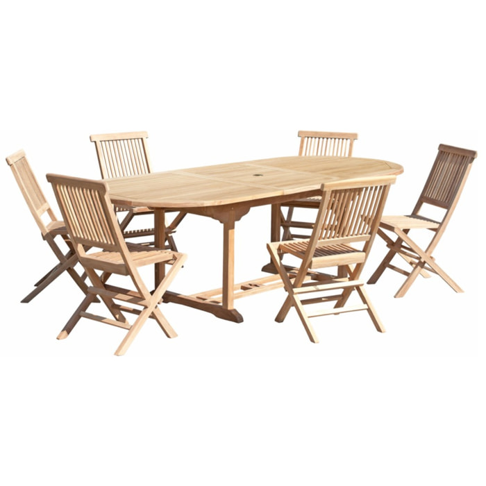 FUN - SALON DE JARDIN EN BOIS TECK 8/10 pers : Ensemble de jardin - 1 Table ovale extensible 180*240/100 cm et 6 chaises