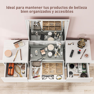 Tocador de Maquillaje con Espejo Tocador con Encimera de Vidrio Templado Visible 3 Cajones Mesa de Maquillaje Moderna para Dormitorio Blanco