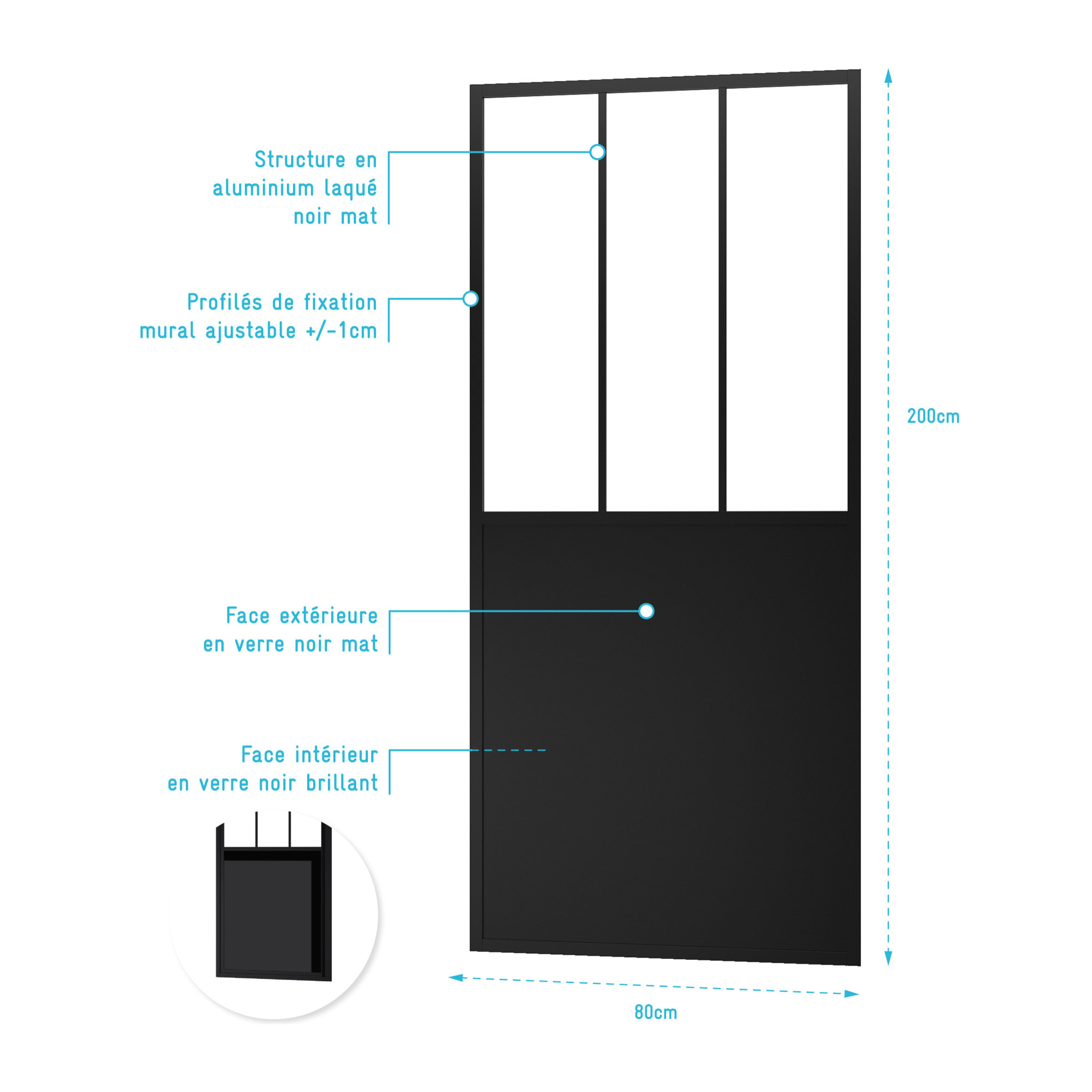 Paroi de retour type atelier 80x200cm pour paroi de douche - PROFILE NOIR MAT - WORKSHOP SIDE 80