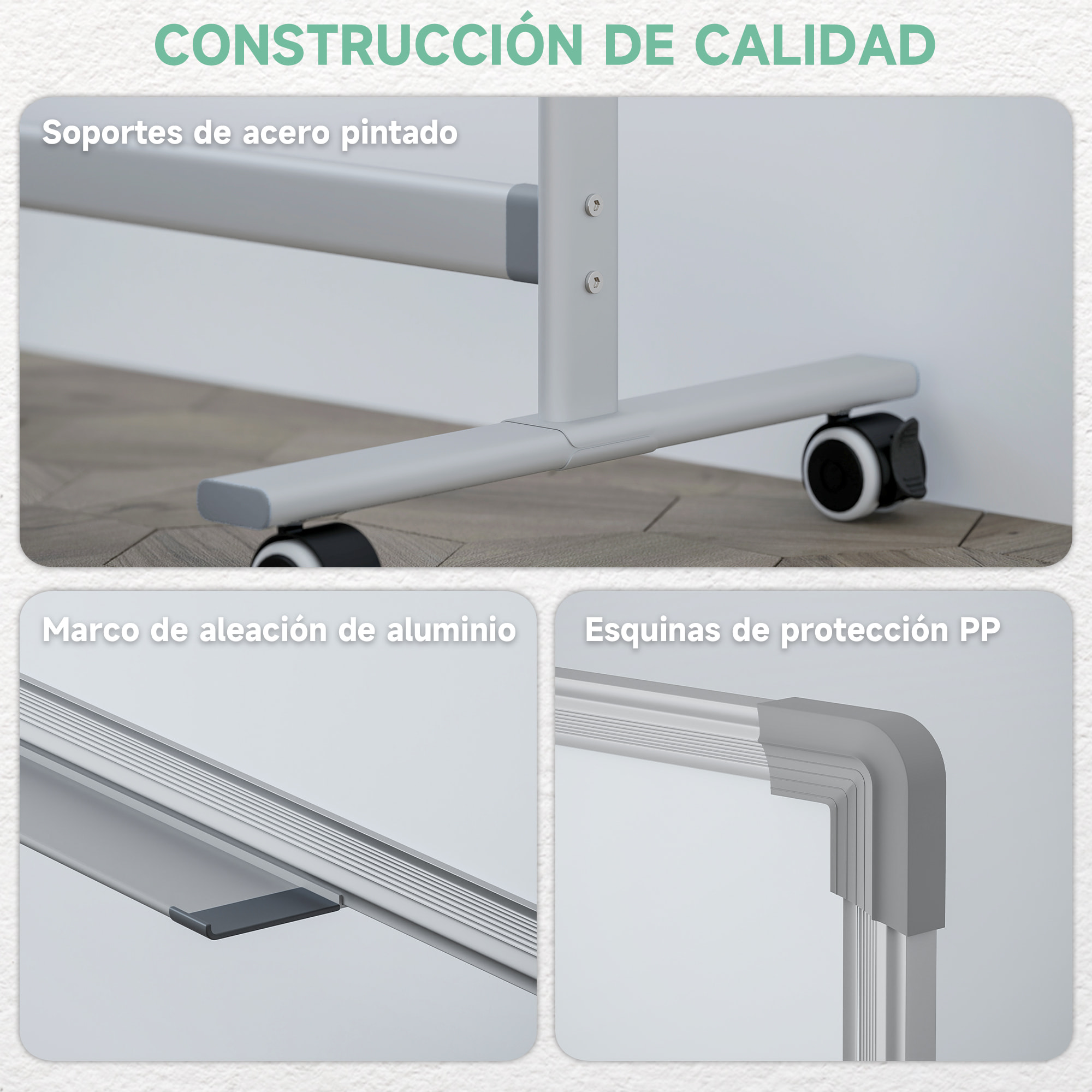 Pizarra Blanca Móvil de Doble Cara, 120x90 cm, Pizarra Blanca Magnética Giro de 360 °, con Soporte, Tablero Inclinado en 3 Niveles, Marco de Aluminio, Ruedas, Rotuladores, Imanes, Borrador