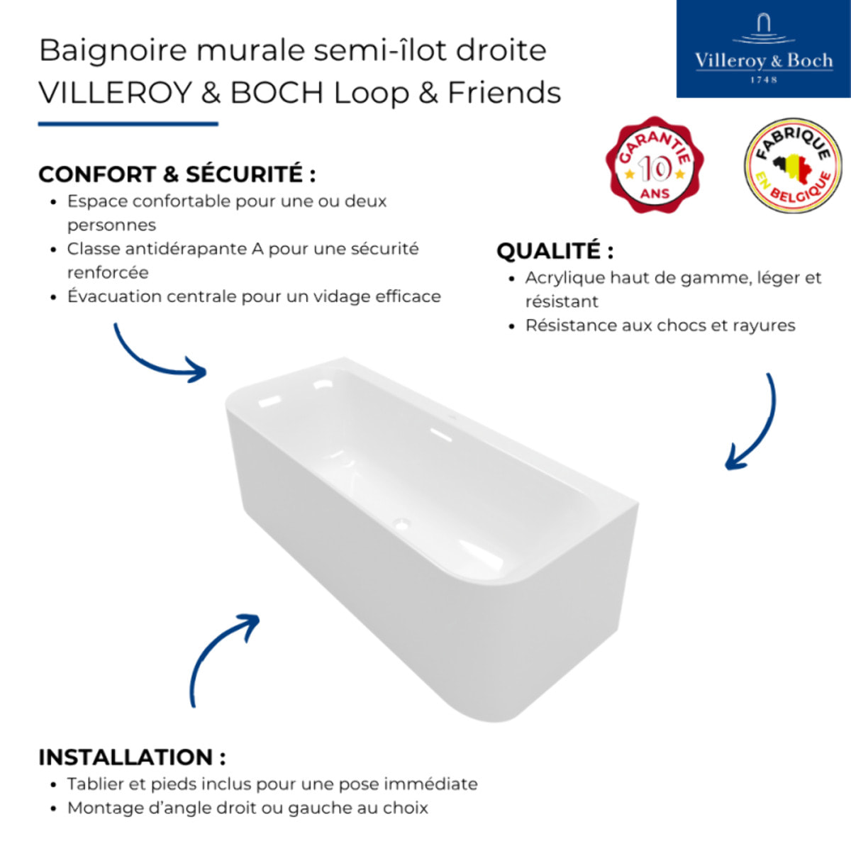 Baignoire murale semi-îlot VILLEROY & BOCH Loop & Friends avec bonde et trop-plein blanc