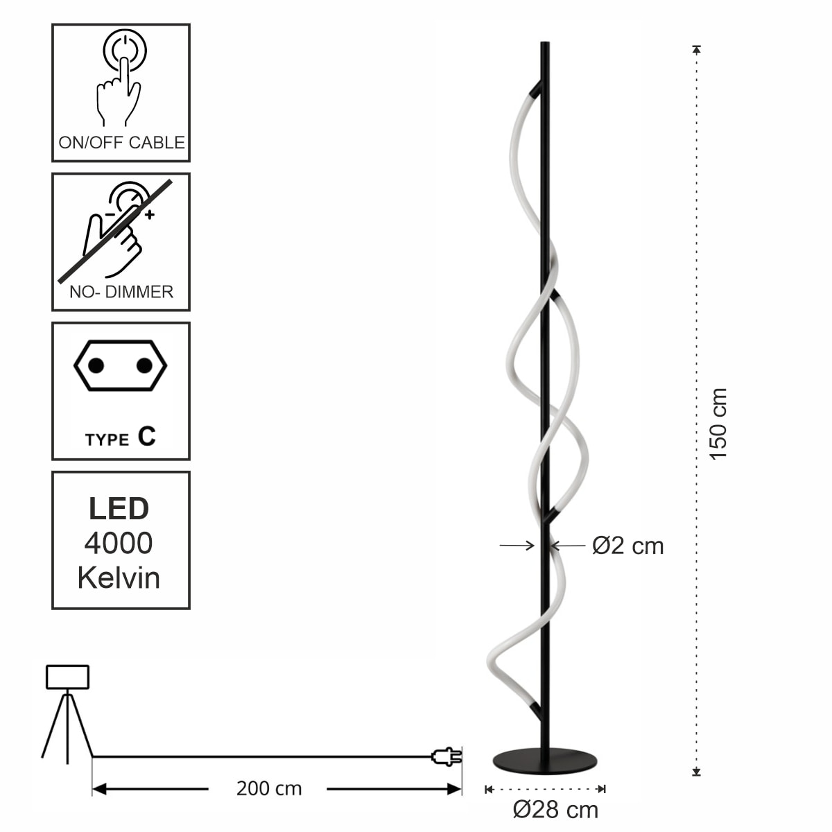 Lampadaire LED Tomasucci ROPE, métal noir mat et acrylique blanc, 150 cm, 30W, lumière blanc neutre
